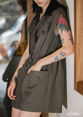 Marden women's retro salt sense work jumpsuit stand-up collar sleeveless loose drawstring waist wide leg shorts summer